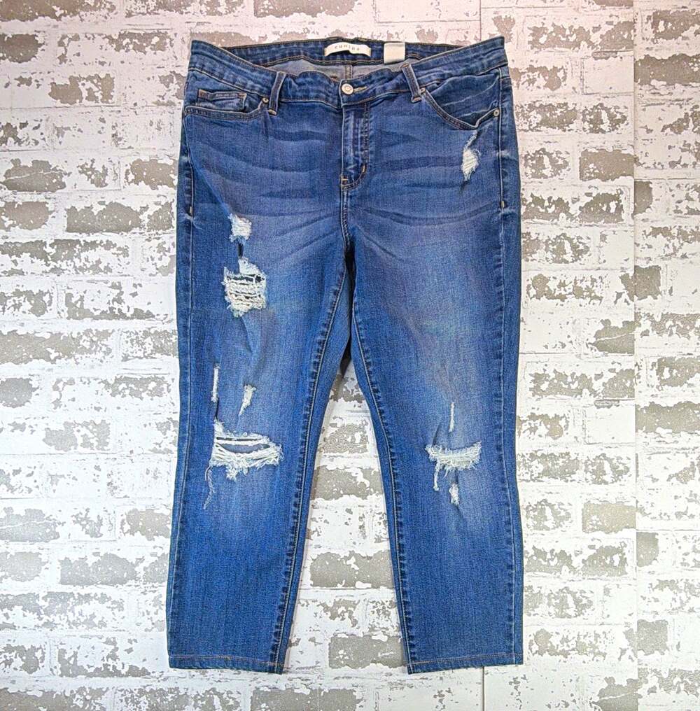 Eunina Women’s Blue Medium Wash Mid Rise Skinny Ankle Distressed Jeans XL
